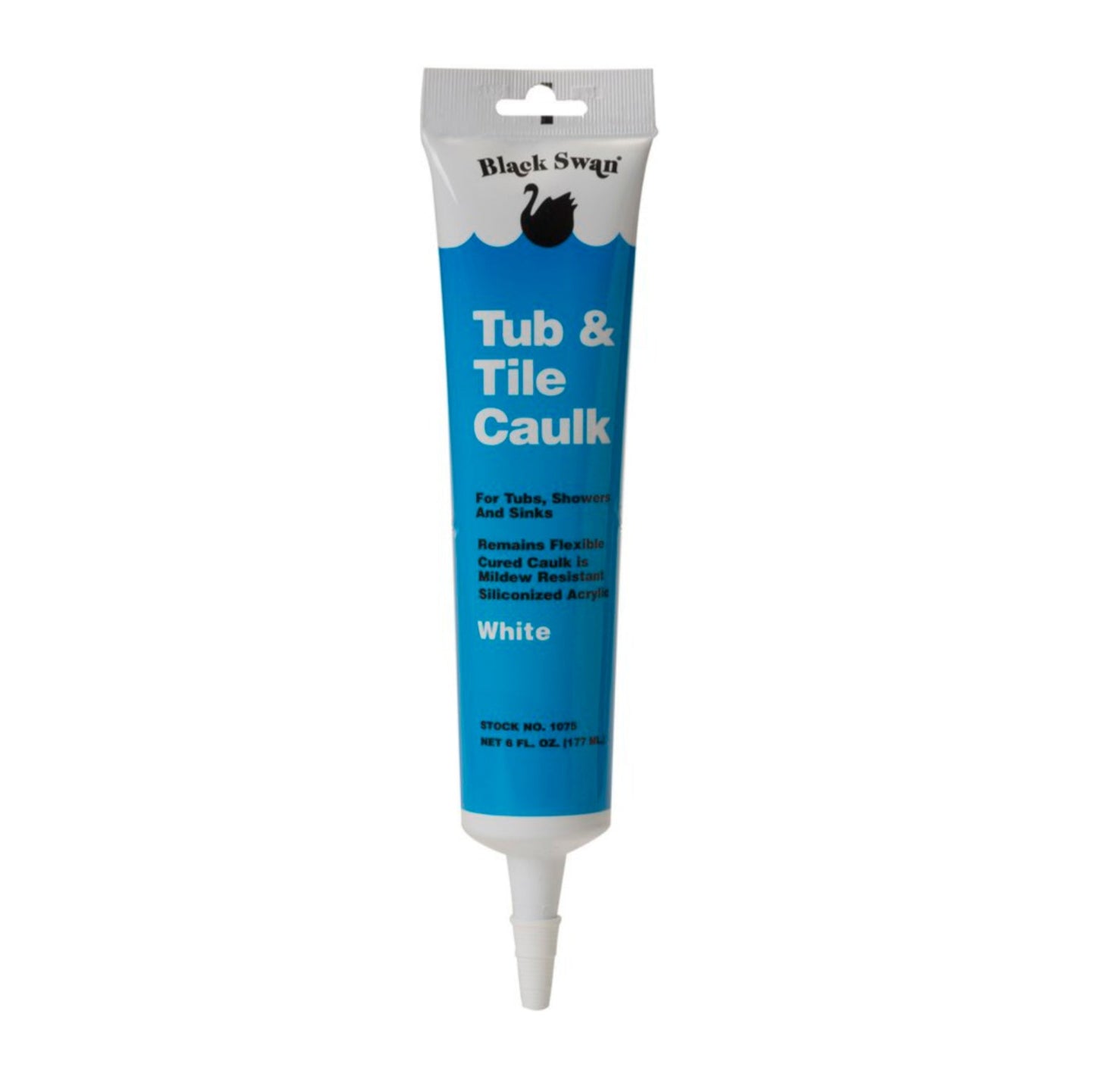 A 6 fl. oz. hang tube of BLACK SWAN 01075 Silicone Tub & Tile Sealant in white provides a waterproof seal for tubs, showers, and sinks, with a pointed nozzle for easy application. Brand: BLACK SWAN.
