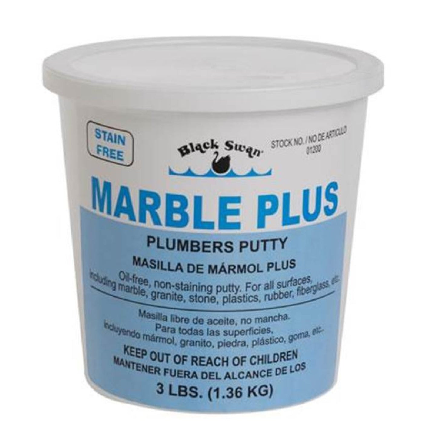 A white plastic tub labeled BLACK SWAN 01190 Marble Plus Plumbers Putty, 9 oz., an oil-free, non-staining putty safe for marble and granite surfaces, with warnings in English and Spanish. Brand: BLACK SWAN.