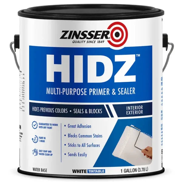 A 1-gallon can of Zinsser White HIDZ Multi‐Purpose Primer & Sealer features blue and white labeling with product benefits and shows a hand applying this stain-blocking primer to a wall with a roller brush.