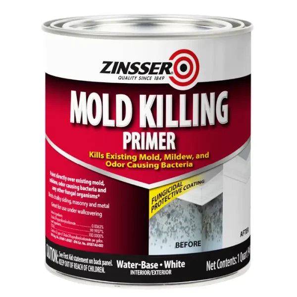 Zinsser Water-Based Mold Killing Primer 1 Qt by Zinsser is a powerful primer and fungicidal coating that kills mold, mildew, and odor-causing bacteria. The white can displays before and after images for impact.