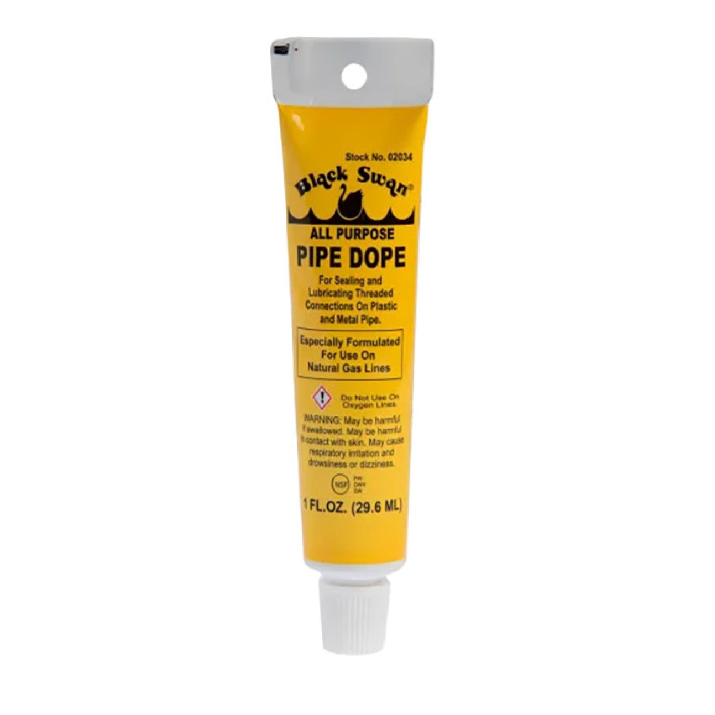 The BLACK SWAN 02034 All Purpose Pipe Dope (Yellow), 1 fl. oz. hang tube, seals and lubricates threaded connections—ideal for natural gas lines. Leak-proof compound; comes in a yellow tube with a white cap from BLACK SWAN.