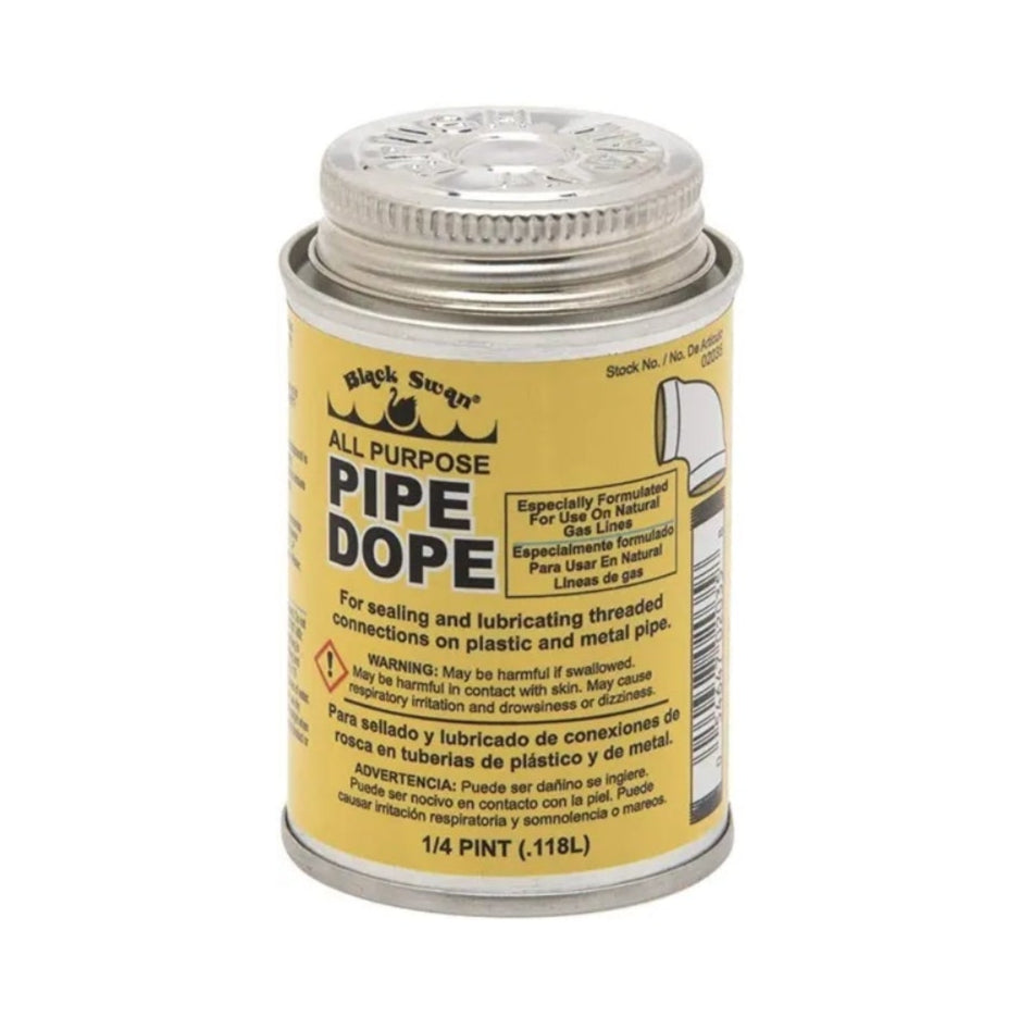 A 4 oz. can of BLACK SWAN 02035 All Purpose Pipe Dope (Yellow) with brush cap, used as a leak-proof sealant and lubricant for pipe connections. Label includes usage instructions and warnings in English and Spanish.