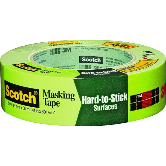 Introducing 3Ms Scotch Rough Surface Painters Tape, designed for challenging surfaces to ensure crisp lines. It measures 36 mm by 55 m (1.41 in by 60.1 yd), and the packaging sports a red and black plaid pattern on the right side.