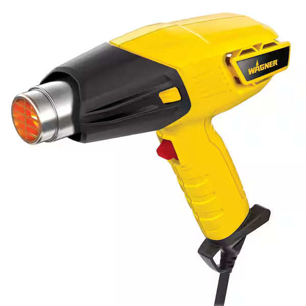 The Wagner Furno 300 Dual Temperature Corded Heat Gun by Wagner features a yellow and black design, metal nozzle, and visible power cord—shown angled on a white background—perfect for household projects with its dual temperature settings.
