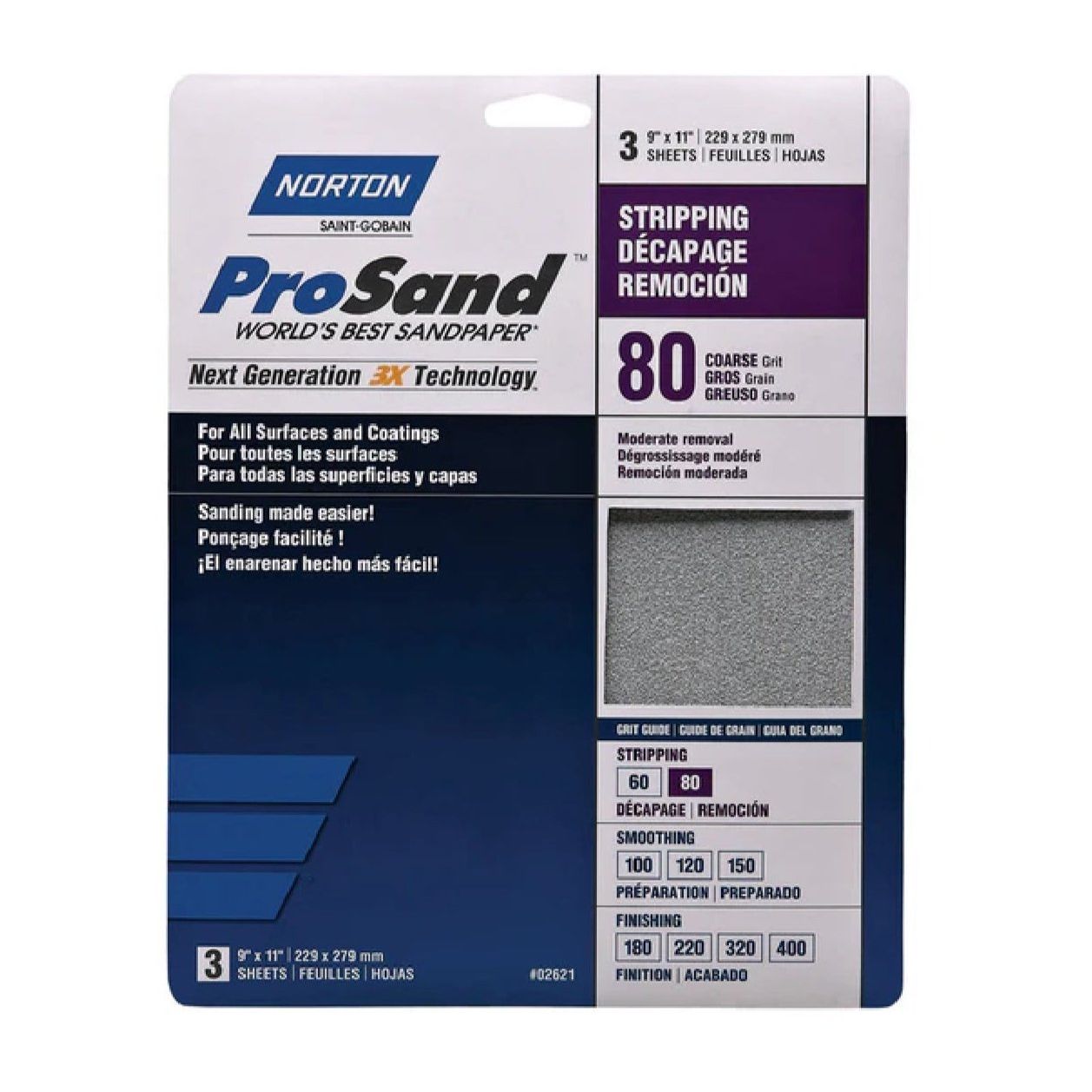 The NORTON 02621 ProSand 9x11 inch, 80-grit sanding sheets (3-pack) are ideal for moderate removal and heavy-duty tasks. The packaging includes multilingual instructions detailing use on various surfaces and emphasizes its sanding efficiency.