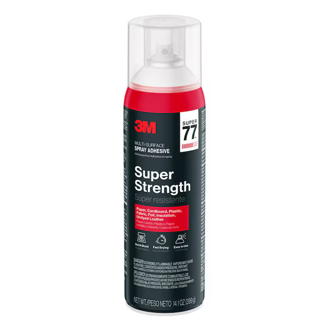 A 14.1 oz. can of 3M Super 77 Multipurpose Spray Adhesive, featuring a red, black, and white label with a clear cap—ideal for strong bonding on various projects. Label includes English and Spanish product details. Brand: 3M.