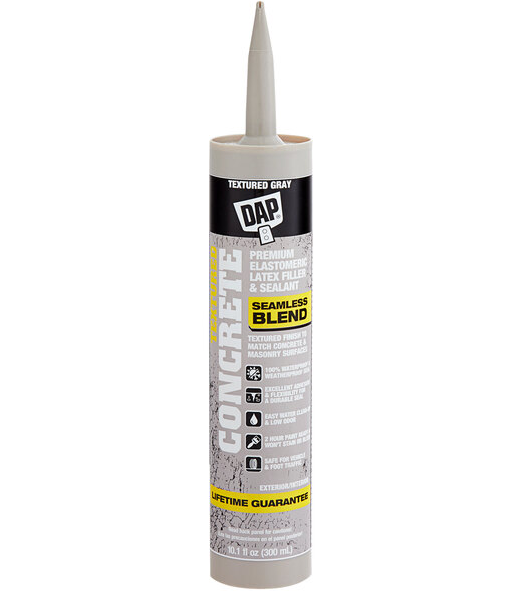 A 10.1-oz tube of DAP Premium Textured Concrete Elastomeric Filler and Sealant in gray, featuring a pointed nozzle, seamless blend, textured finish, and lifetime guarantee.