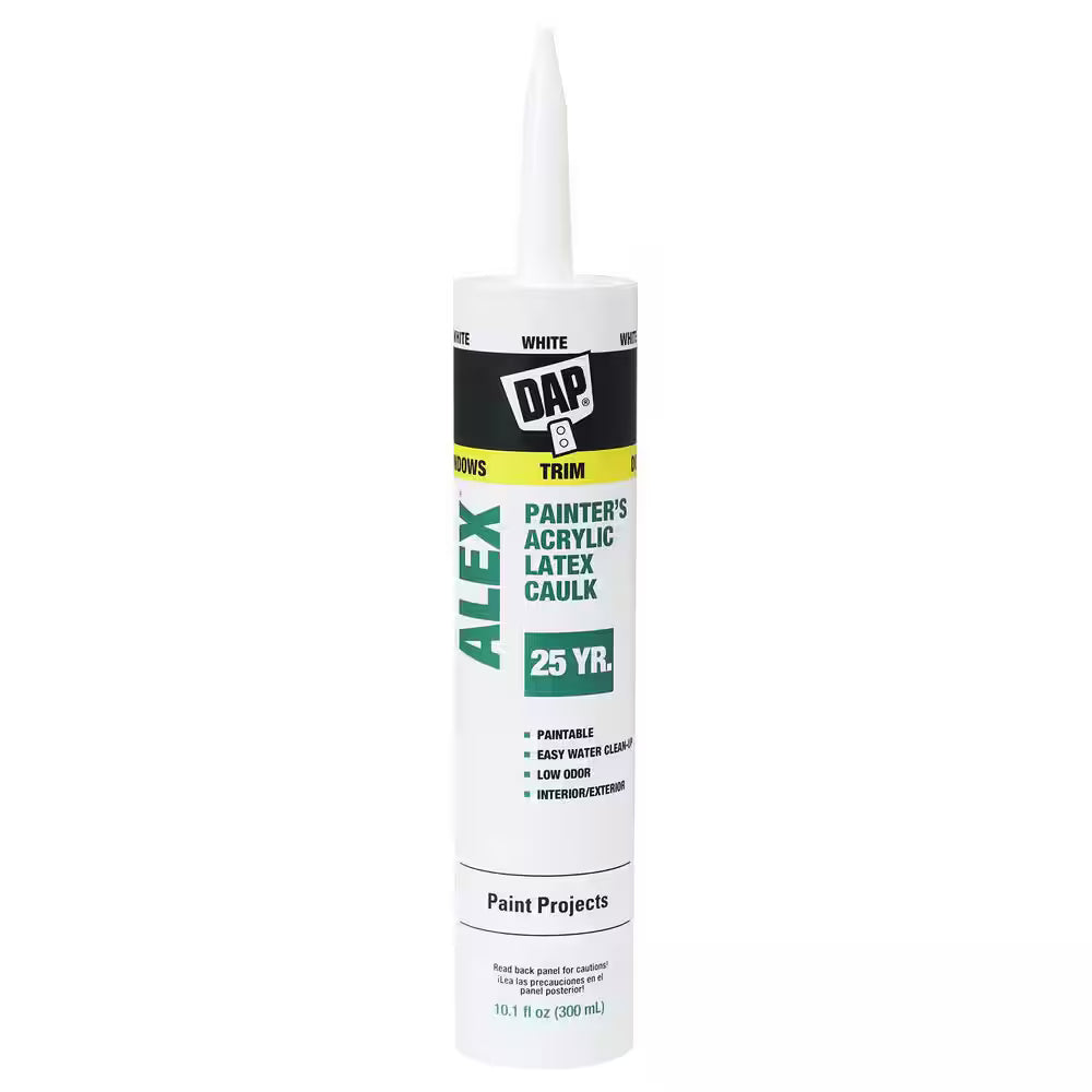 DAP Alex Painter's White All-Purpose Acrylic Latex Caulk, 10.1 oz—paintable, low odor, waterproof, easy water cleanup; ideal for windows, trim, and doors. Comes with a pointed nozzle. Brand: DAP.