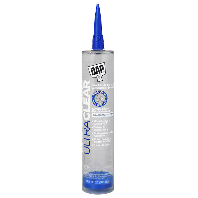 A clear tube of DAP Ultra Clear All Purpose Exterior and Specialty Paintable Solvent Caulk (10.1 oz), with a blue nozzle, stands upright. The label highlights its crystal clear, flexible, waterproof, and durable features.