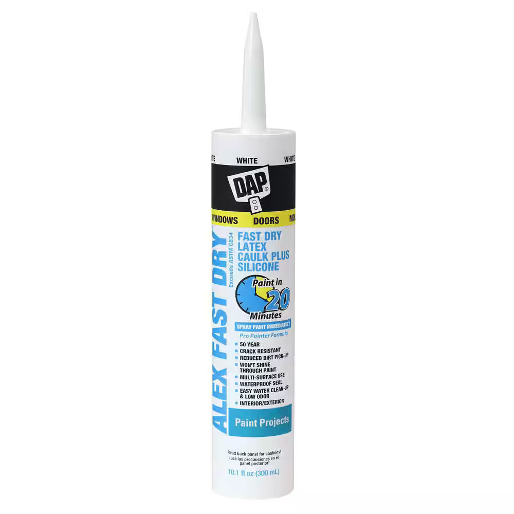 A 10.1-oz tube of DAP ALEX Fast Dry Paint and Trim White Paintable Latex Caulk by DAP, featuring quick dry time, paintability in 20 minutes, and a waterproof seal for lasting results—ideal for paint and trim applications.