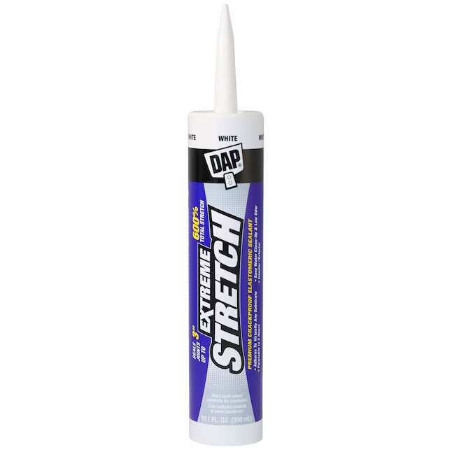 A 10-oz tube of DAP Extreme Stretch Multi-use White Paintable Latex Caulk, featuring a pointed nozzle and blue, black, and yellow label that highlights 600% more stretch and "extreme stretch" in bold.