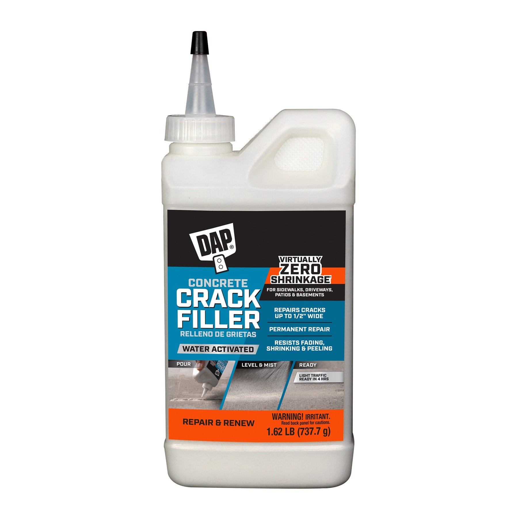 A 1.6 lb bottle of Dap Concrete Crack Filler Gray by DAP, with a pointed nozzle and bilingual labels, features a water-activated formula for seamless repair of horizontal cracks up to 1/2" wide with zero shrinkage.