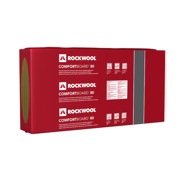 A red rectangular package of ROCKWOOL RXCB324 COMFORTBOARD 80 (3 in. x 24 in. x 48 in., 24 sq ft) features white text, logos, and product details. This Rockwool thermal insulation is durable and vapor permeable.