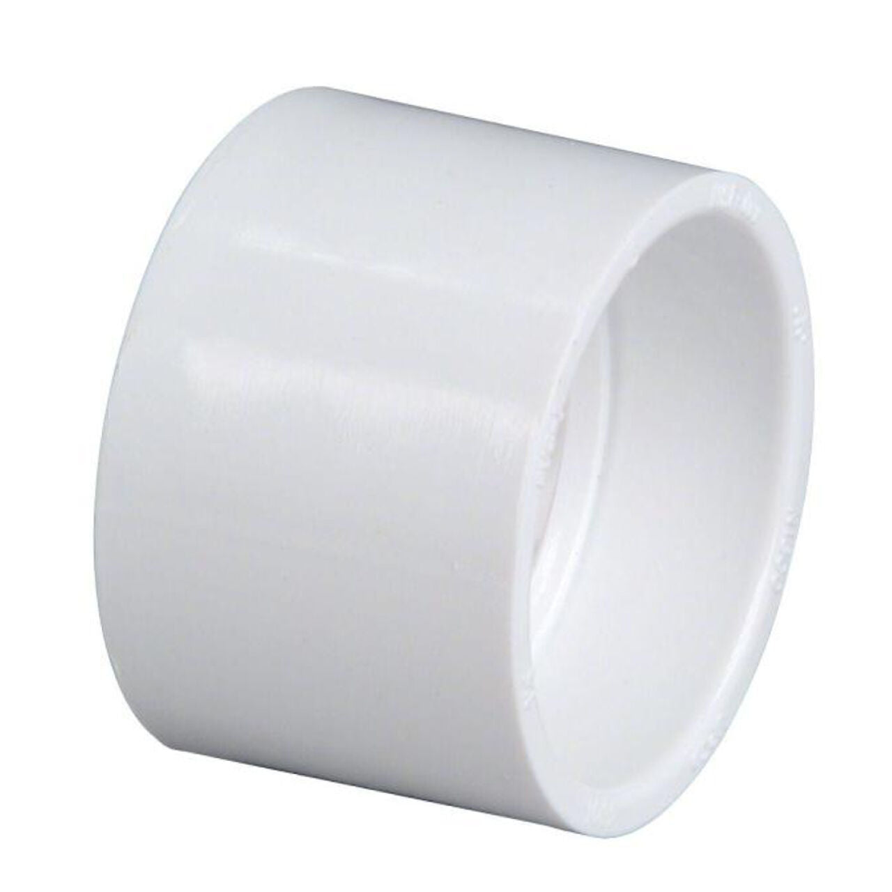 A Go Build 1-1/2 in. PVC DWV Hub x Hub Repair Coupling Fitting, white and cylindrical, connects two pipe sections in plumbing or irrigation systems. Brand: Go Build, The Fastest Way To Build.