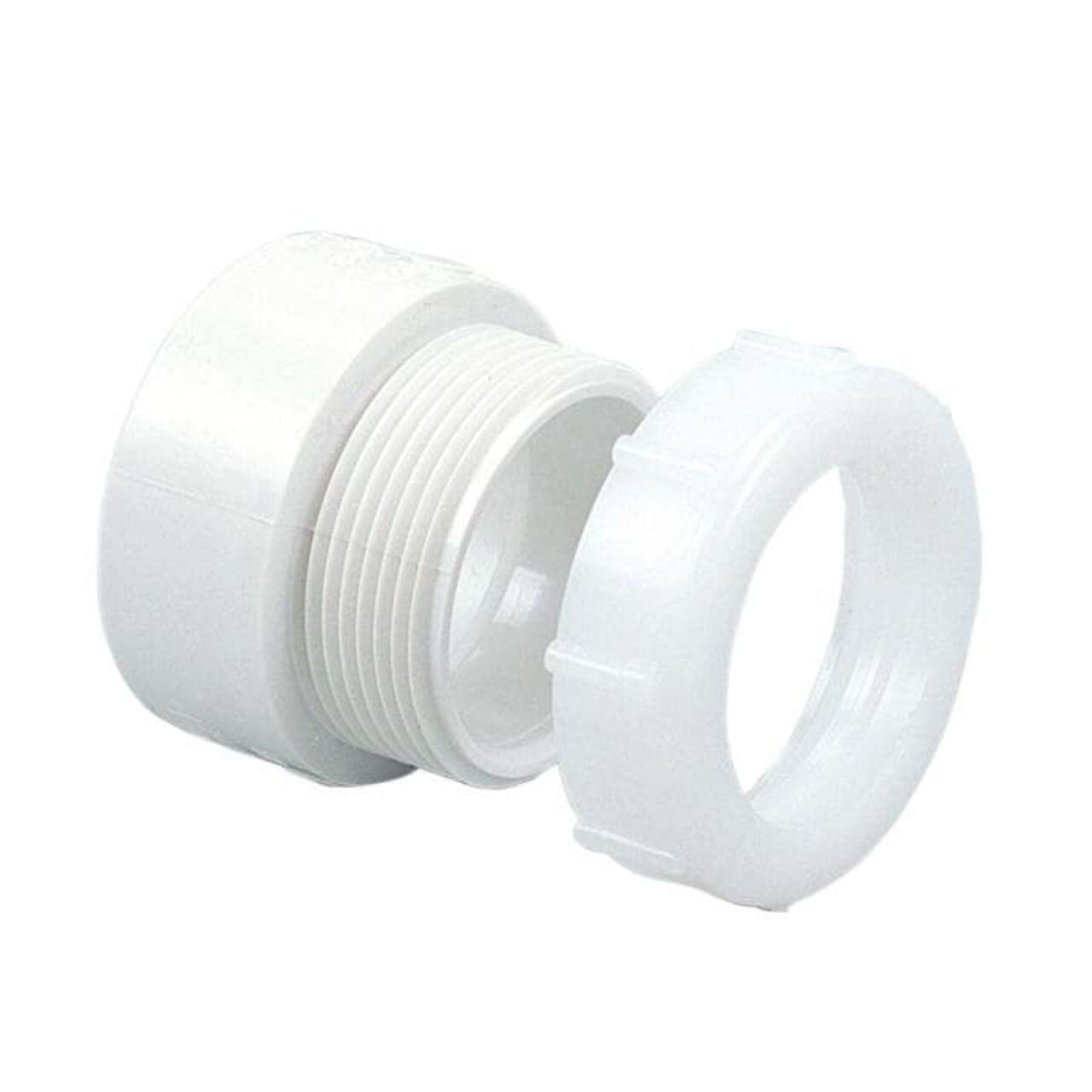 A Go Build 1-1/2 in. PVC DWV Hub x Slip-Joint Trap Adapter with locking nut is shown on a plain white background. From Go Build, The Fastest Way To Build.
