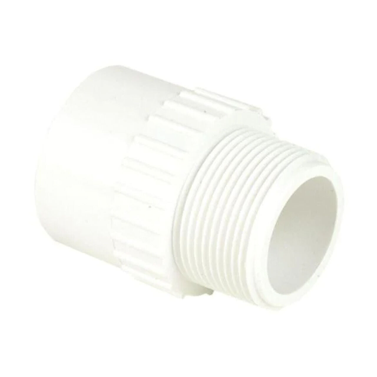 The Go Build 1-1/2 in. Schedule 40 PVC Female S x FPT Adapter features threaded female and smooth socket ends, plus a ribbed grip section. Shown on a plain white background. Brand: Go Build, The Fastest Way To Build.