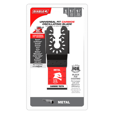 The DIABLO DOU125CF 1-1/4 in. AMPED™ Steel Demon™ Oscillating Blade boasts extreme durability with carbide teeth and a black ice coating. Its universal fit tackles different widths and materials, while a clear blade image is prominent on the Diablo packaging.