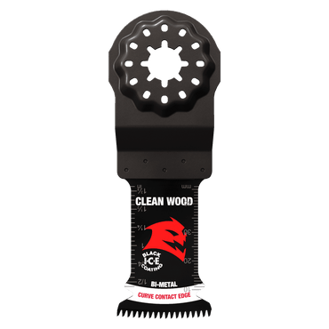 The DIABLO DOS125JBW3 Demo Demon™ Starlock Bi-Metal Blades for Clean Wood feature a black and red design with an ultra-hardened BLACK ICE cutting edge, a red dragon graphic, and a star-shaped hole for secure attachment. Comes in a 1-1/4 in. size 3-pack.