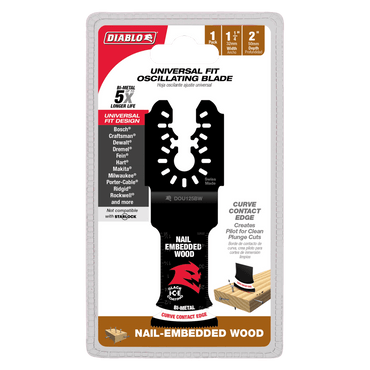 The DIABLO DOU125BW Demo Demon™ blade features packaging with tool compatibility markings, a 1-1/4 inch cutting width, and details on its Black I.C.E. coating and curve contact edge for an ultra-hardened edge, perfect for cutting nail-embedded wood.