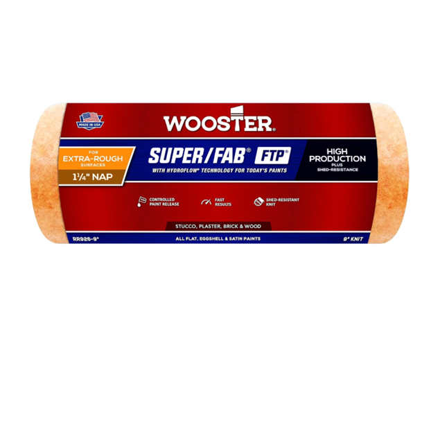 The image shows a WOOSTER Super/Fab FTP 9 in. Roller Cover, which is perfect for extra-rough surfaces with its 1 1/4 nap. Enhanced with FTP technology and HydroFlow, its ideal for stucco, plaster, brick, and wood.