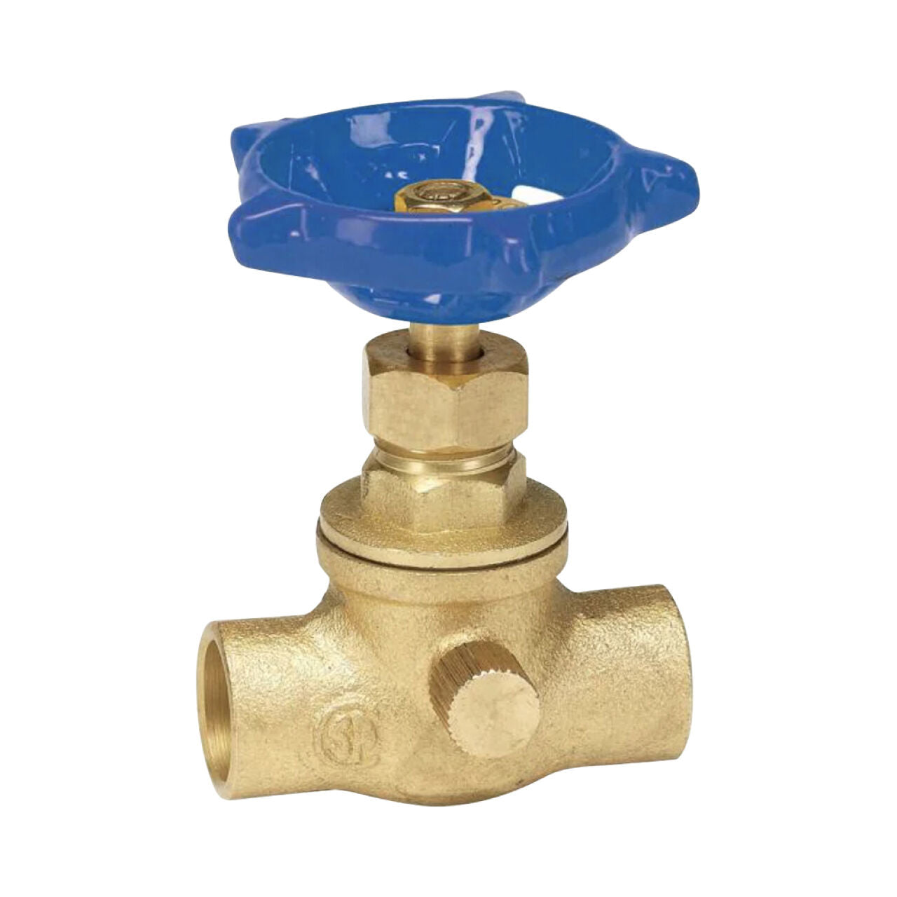 The Go Build 1/2 in. Brass Sweat x Sweat Stop & Waste Valve has a blue round handwheel handle and sweat connections on each end for pipe installation. Its simple, industrial look is shown against a white background.