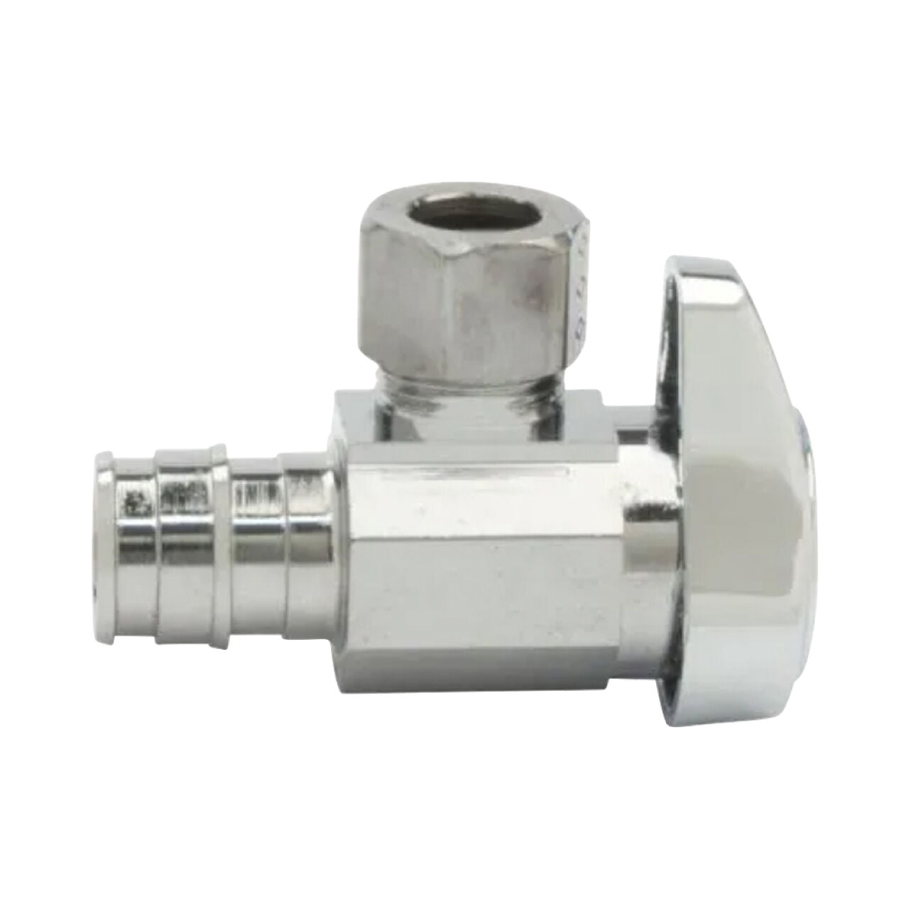 A close-up of a Go Build 1/2 in. Cold Expansion PEX Inlet x 3/8 in. Comp Outlet 1/4-turn angle stop valve in chrome, with barbed hose connector, hex nut on top, and curved flange on the right, isolated on white.