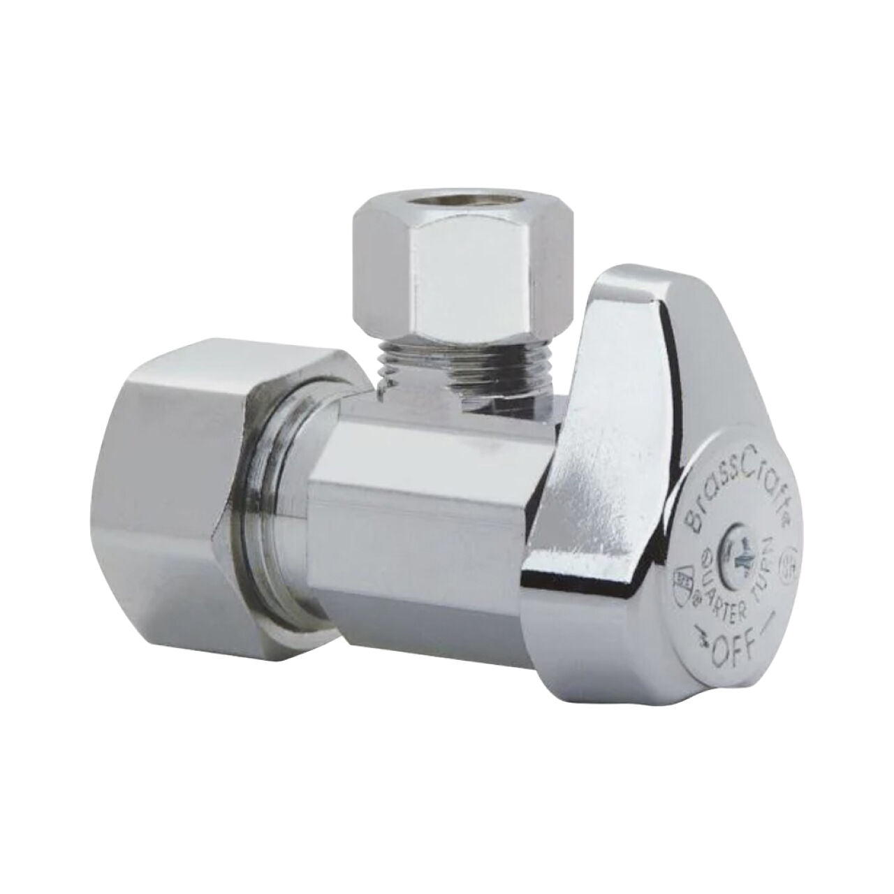 The Go Build 1/2 in. Compression Inlet x 3/8 in. Compression Outlet 1/4-Turn Angle Valve - Silver features a durable, chrome-plated brass body and T-handle, ideal for plumbing applications requiring quick shut-off.