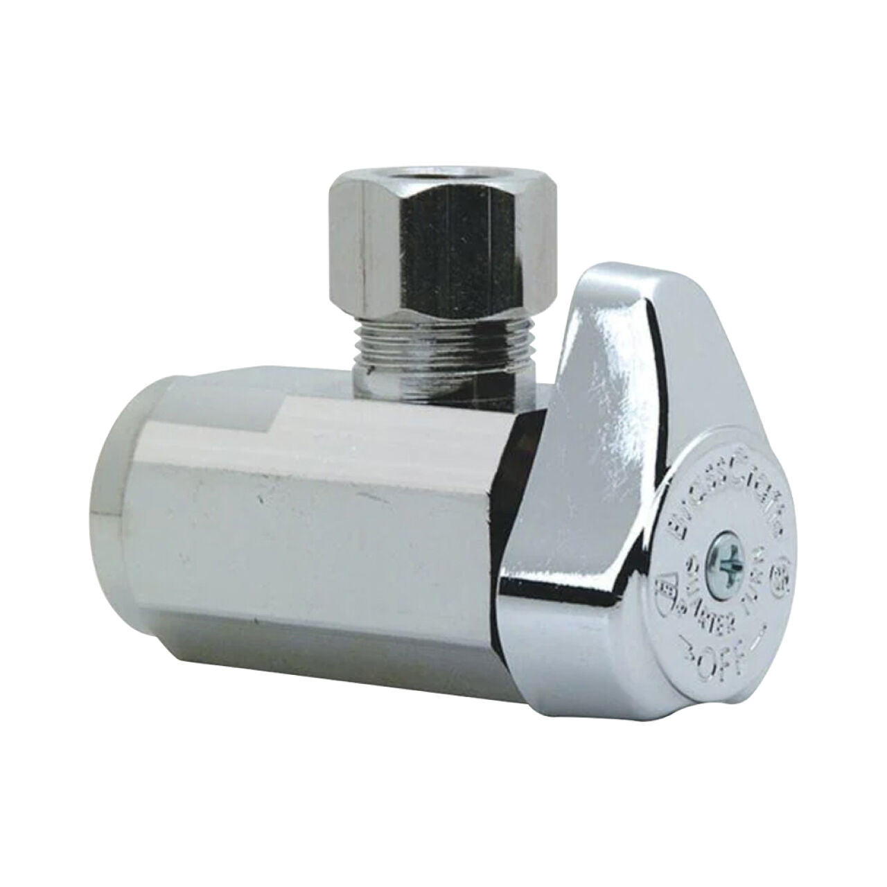 The Go Build 1/2 in. FIP Inlet x 3/8 in. Compression Outlet 1/4-Turn Angle Valve - Chrome features a sleek turn handle, ideal for controlling water flow in plumbing fixtures.