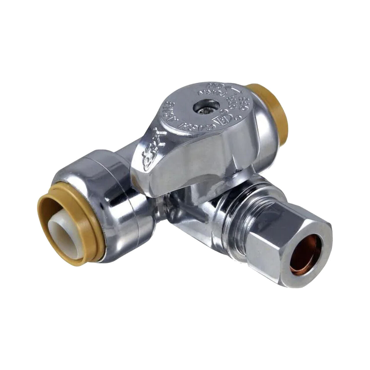 The Go Build 1/2 in. Push-to-Connect x 1/2 in. Push-to-Connect x 3/8 in. Compression Brass Service Stop Tee, chrome-plated, controls water flow and features a round handle with push-to-connect fittings on both ends.