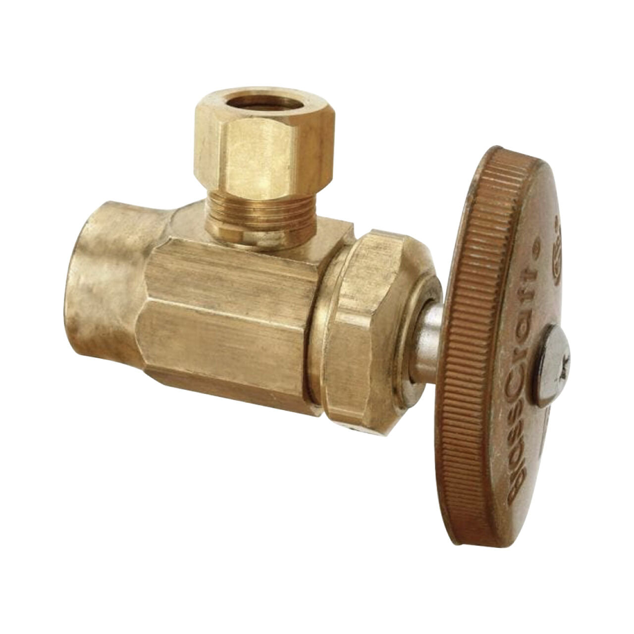 The Go Build 1/2 in. Sweat Inlet x 3/8 in. Compression Outlet Multi-Turn Angle Valve in rough brass features a textured round handle and is used to control water flow in plumbing systems.