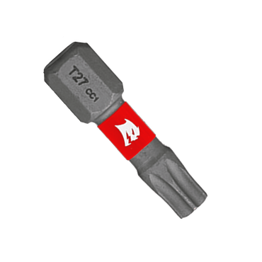 Introducing the DIABLO DT271P2 1 in. #27 Torx Drive Bits (2-Pack) by Diablo, featuring a red band and white flame logo. Designed for drills or screwdrivers, these metallic bits are perfect for six-point star fasteners and enhance performance with the MaxTorque Zone for optimal precision.