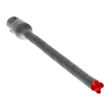 Close-up of a metallic DIABLO DMAPL4090 hammer drill bit with a ridged shaft and a red, star-shaped tip. The cylindrical head resembles an SDS-Plus tool, indicating precision design for specialized use, set against a plain background.