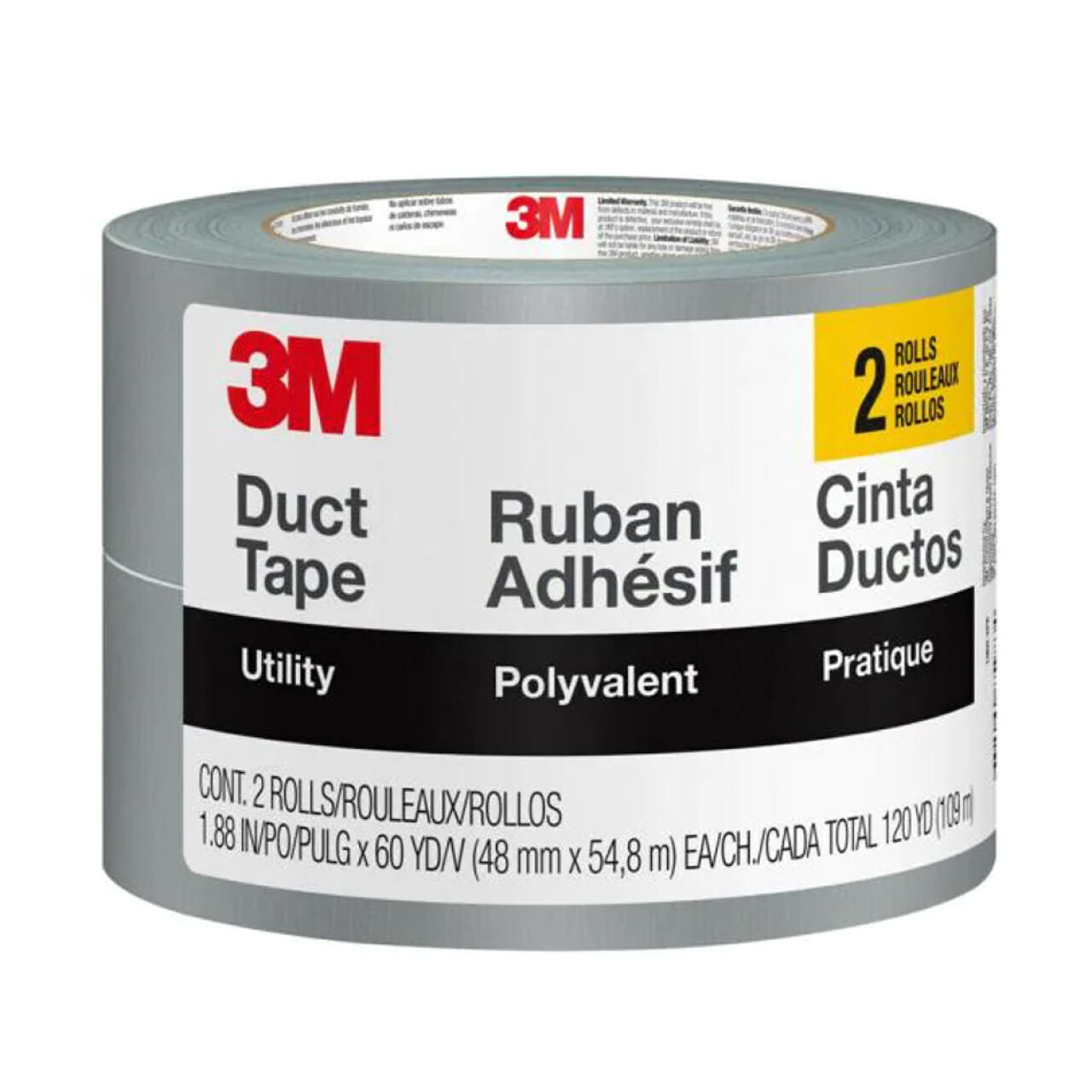 The Go Build packaging for the 1.88 in. x 60 yds. 3M Utility Duct Tape features 2 Rolls and displays Utility, Polyvalent, and Cinta Ductos. The silver-colored tape has a gray finish with a striking red and black label design.