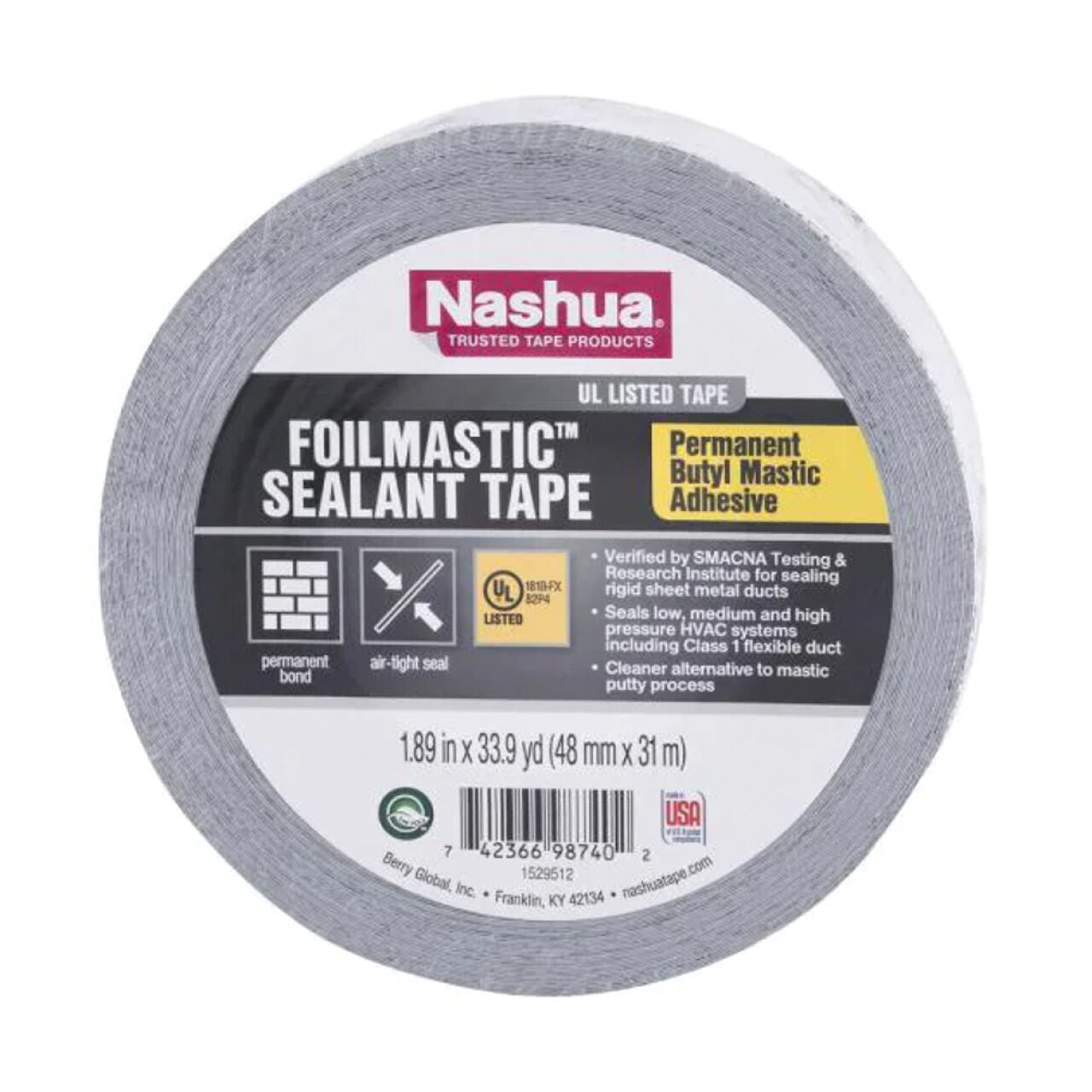 A 1.89 in. x 33.9 yds. roll of Go Build Foilmastic Sealant Duct Tape, in gray, with a permanent butyl rubber adhesive for sealing ductwork; packaging shows product specs, certification marks, and usage icons.
