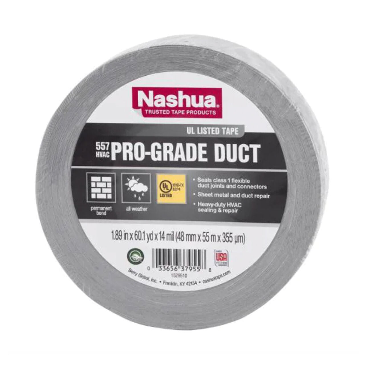 A roll of Go Build 1.89 in. x 60 yds. 557 Pro-Grade UL Listed Duct Tape, silver, for HVAC use; label notes a permanent bond, all-weather durability, and ideal for sealing ducts and repairs.