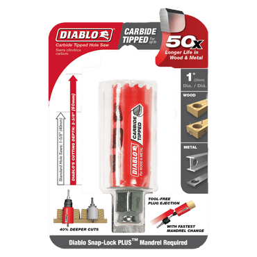 The DIABLO DHS1000CT hole saw features a 1 diameter with durable carbide teeth for 50x longer life in wood and metal. It offers tool-free plug ejection, faster material removal, and the Snap-Lock Plus Mandrel System for enhanced efficiency.