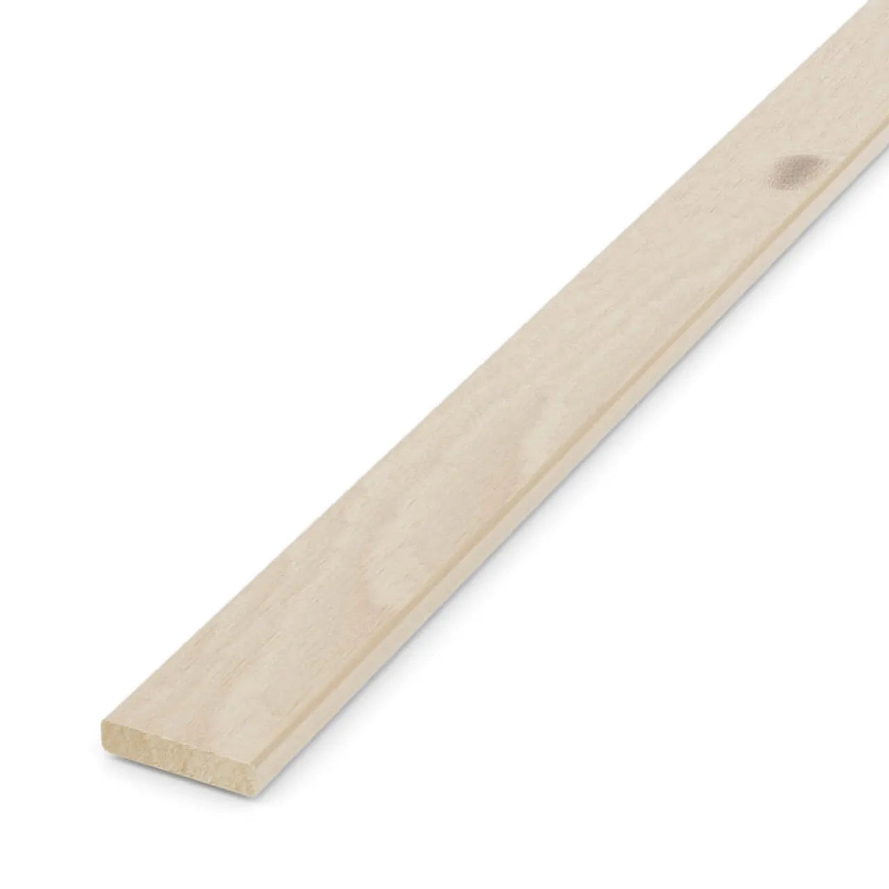 A single Go Build 1 in. x 3 in. x 8 ft. Strapping Lumber plank, ideal for framing or strapping projects, features smooth surfaces and straight edges, and is shown light-colored against a white background. Brand: The Fastest Way To Build.