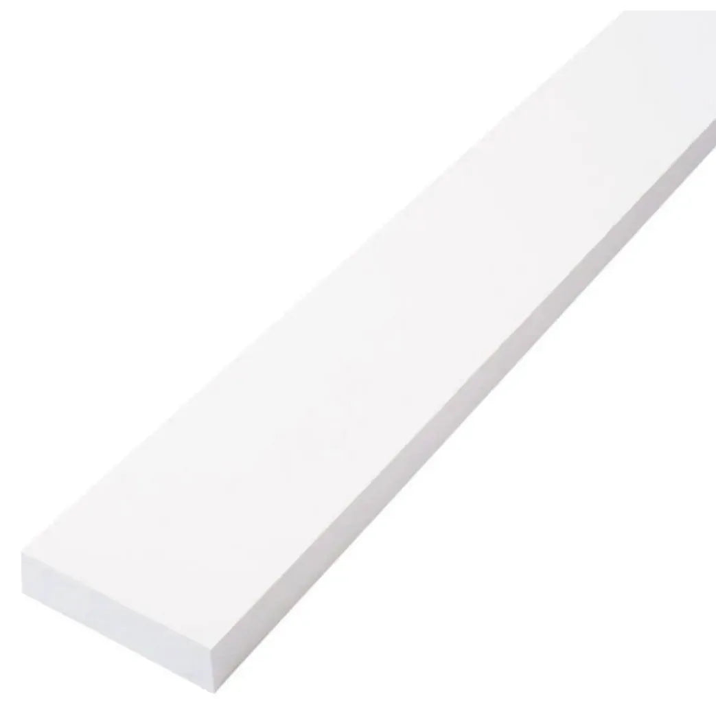 The Go Build 1 in. x 6 in. x 8 ft. Trim Board is made of primed finger-jointed pine with smooth surfaces and finished with exterior white latex primer for durability, shown angled on a plain white background.