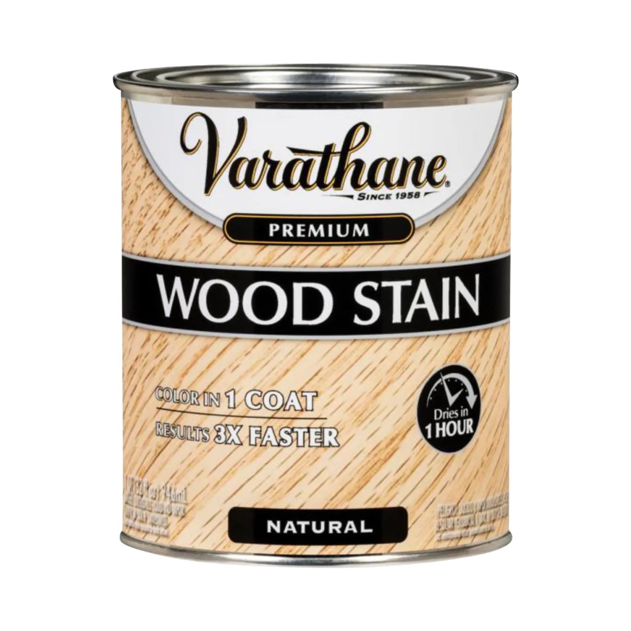 A 1 qt. can of Go Build Natural Premium Fast Dry Interior Wood Stain, The Fastest Way To Build—dries in 1 hour, covers in one coat, and works up to three times faster, set against a wood grain background.