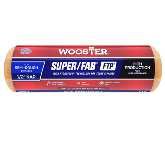 Image of a WOOSTER Super/Fab FTP 9 in. Roller Cover featuring a red and blue label with 1/2 Nap, ideal for semi-rough surfaces. Its advanced FTP technology ensures high production and shed resistance on walls, ceilings, decks, and concrete.