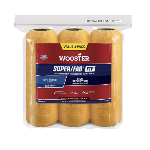 A photo of a resealable bag with a 3-pack of WOOSTER Super/Fab FTP 9 in. Roller Covers showcases features like semi-rough, 1/2” nap, and high production. Designed for walls, ceilings, and concrete surfaces, these covers utilize FTP technology for seamless paint application.