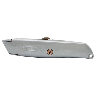A STANLEY® 99E Classic Retractable Blade Utility Knife is shown closed, featuring a silver finish, central screw, and the iconic STANLEY logo on the side.