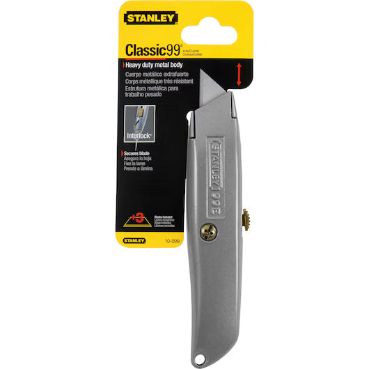 The STANLEY® 99E Classic Retractable Blade Utility Knife by STANLEY is displayed in yellow and black packaging with product details and the blade visible.