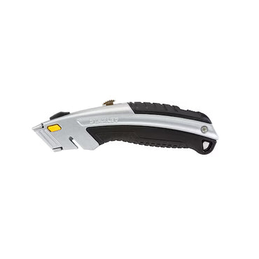 The STANLEY® INSTANTCHANGE™ Retractable Blade Utility Knife features a silver and black design, ergonomic handle, yellow button, and instant blade change system, shown on a white background.