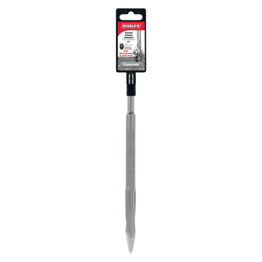The Diablo DMAPLCH2030 10 in. SDS-Plus Twist Point Chisel features a pointed tip and grooved body, compatible with SDS-Plus systems. The Diablo brand, specifications, and an action image are displayed at the top. Perfectly engineered for heavy-duty concrete drilling.