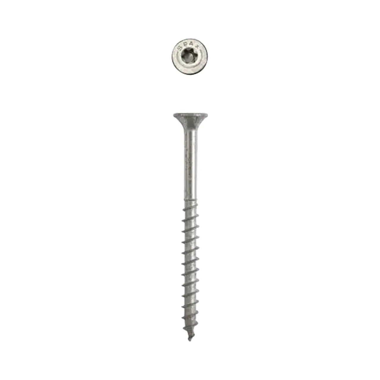 A single Go Build #10 x 2 in. T-Star Multi-Purpose Interior/Exterior Screw (99/Pack) is shown upright with its threaded end down. Above is a close-up of the cross-shaped head, all set against a plain white background.