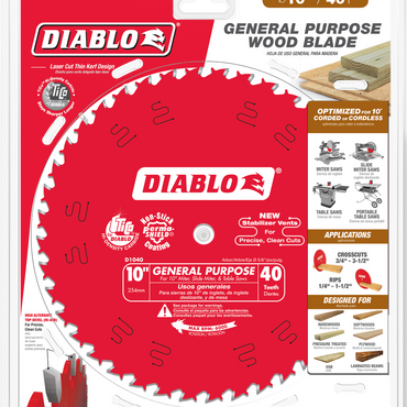 The DIABLO D1040X 10 saw blade from Diablo features 40 teeth and TiCo Hi-Density carbide, with Stabilizer Vents for crosscutting and ripping. Its compatible with both cordless and corded saws, and its applications are listed on the packaging.