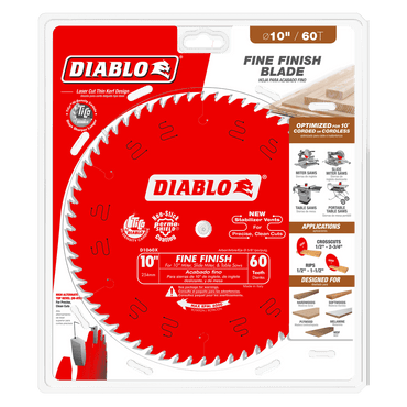 The packaging features a DIABLO D1060X 10 in. x 60-Teeth Fine Finish Saw Blade for Wood with a laser-cut kerf and stability vents, ideal for miter, table, and radial arm saws. Made by Diablo, it uses TiCo Hi-Density Carbide, making it a trim carpenters favorite.