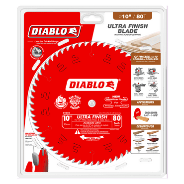 The DIABLO D1080X 10 in. x 80-Teeth Ultra Finish Saw Blade for Wood by Diablo features a red blade with logo, high-performance carbide construction, and smooth cutting for miter saws, with specs and compatibility shown on the packaging.
