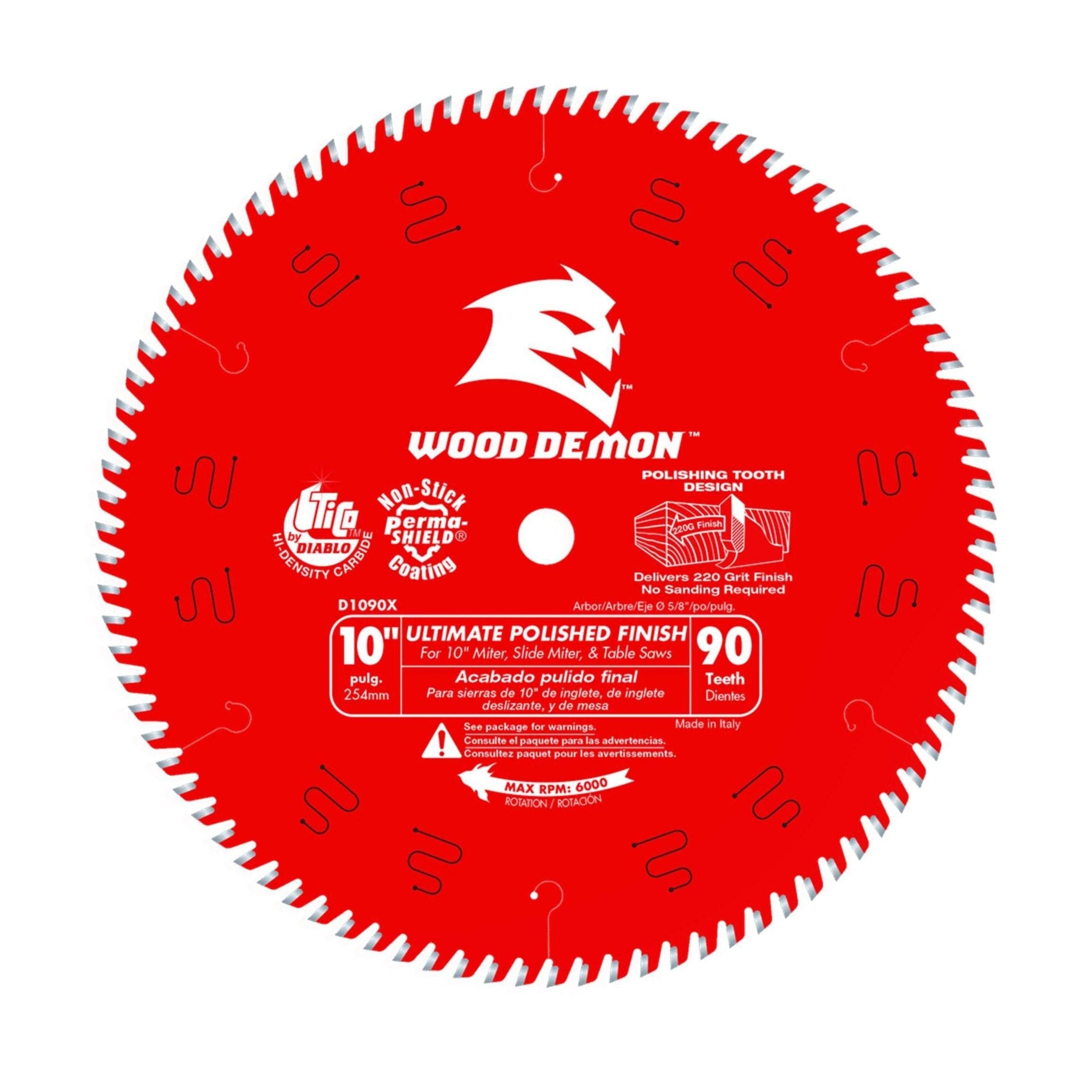 The DIABLO D1090X 10-inch x 90-teeth circular saw blade for wood, with Wood Demon branding and logo, features an ultra-thin kerf design, TiCo Hi-Density Carbide, and highlights its non-stick surface and polished tooth design in white text.